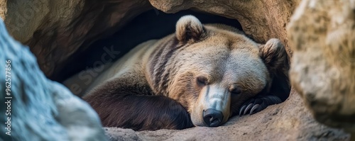 Close-up of a bear peacefully sleeping in a cave, with soft light filtering through the entrance, capturing the calmness of nature photo