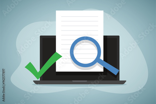 Approved and confirmed document file check online on laptop computer or quality control of text writing and creating icon flat cartoon, concept digital accepted or certified license paper form image