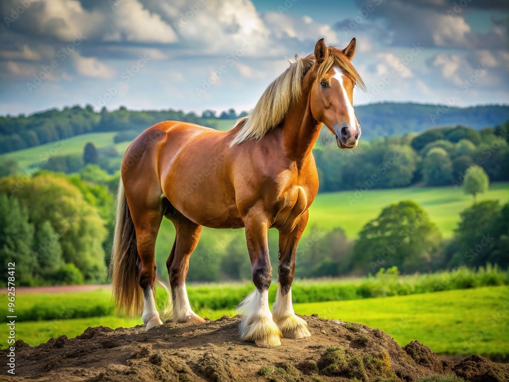 Fototapeta premium A majestic brown horse with a shiny coat and groomed mane stands on a lush green meadow, its hooves digging gently into the earth.