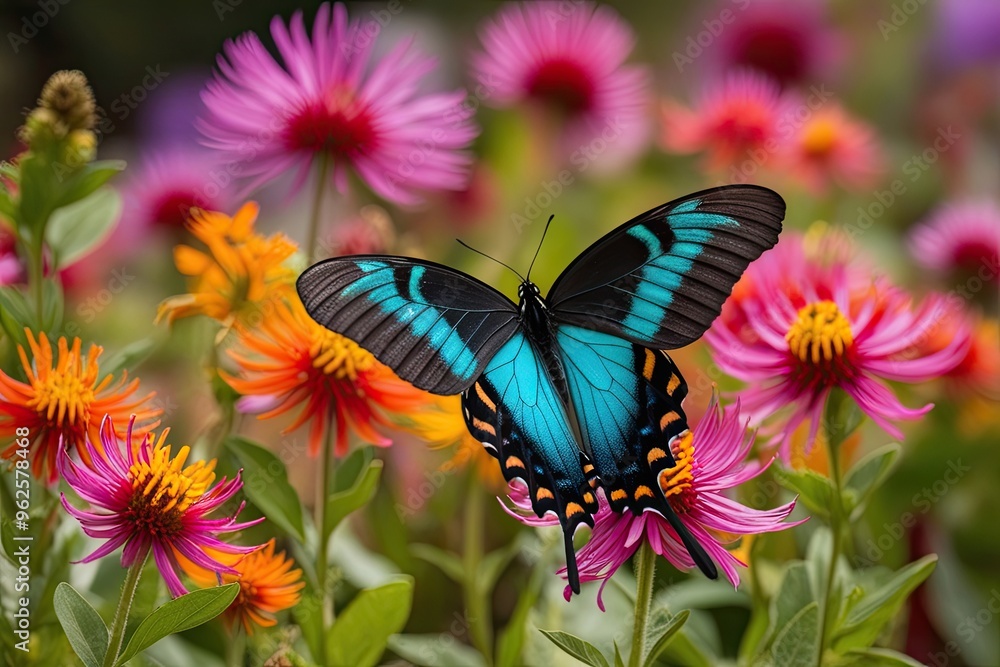 Naklejka premium Lovely Tropical Morpho Butterfly Gliding Over Vibrant Wildflowers in Bloom