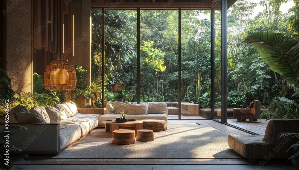 Fototapeta premium Modern Living Room with Large Windows Overlooking a Lush Tropical Garden