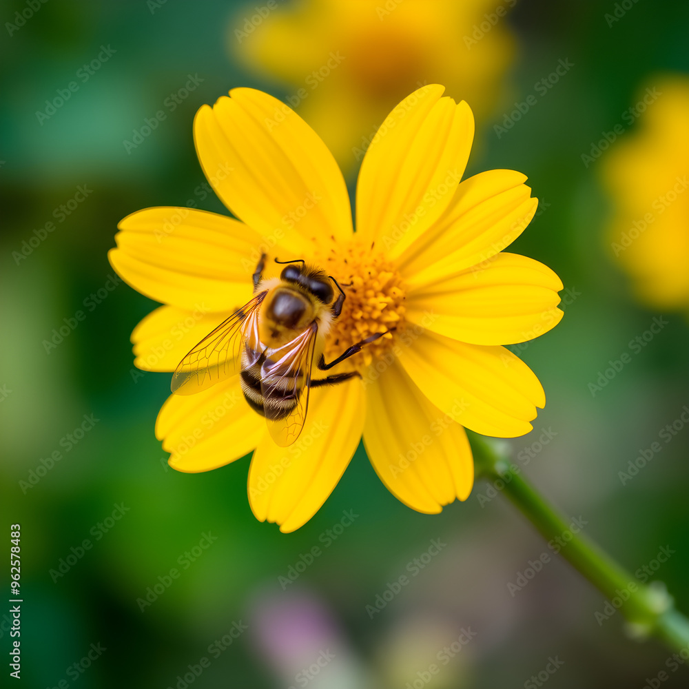 Bee collecting pollen on a bright yellow flower with a blurred background
Bee collecting pollen on a bright yellow flower with a blurred background