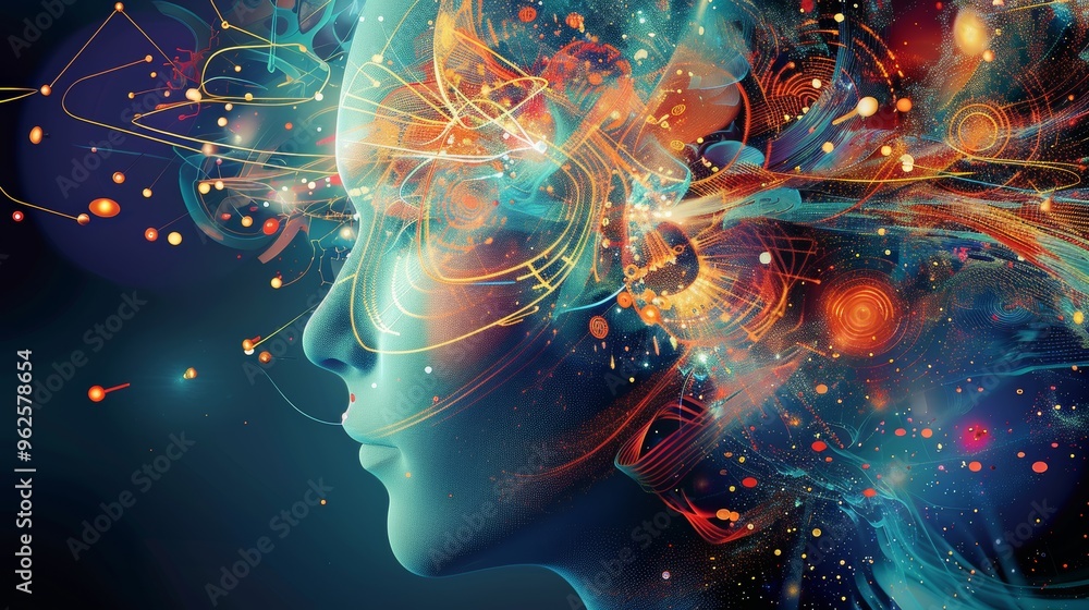 The Digital Mind: A futuristic portrait of a human head rendered in a digital, intricate web of lines, glowing blue with bright white eyes, against a backdrop of shimmering blue and orange lights. The The Digital Mind: A futuristic portrait of a human head rendered in a digital, intricate web of lines, glowing blue with bright white eyes, against a backdrop of shimmering blue and orange lights. The
