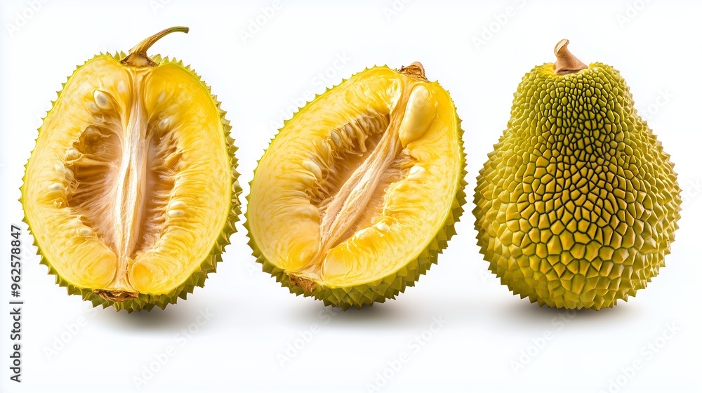 Ripe Chempedak fruit whole and cut in half on white background Ripe Chempedak fruit whole and cut in half on white background