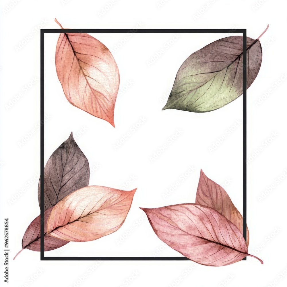 Obraz premium Watercolor Painted Leaves Surrounding a Simple Black Line Frame, Featuring Soft and Elegant Botanical Elements in a Minimalist Design