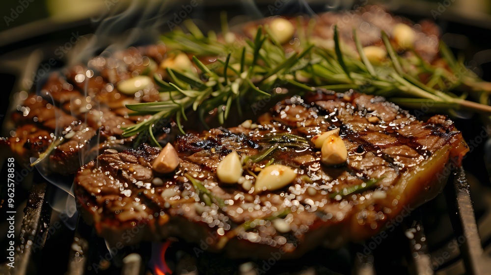Closeup of Grilled Steak with Rosemary and Garlic Closeup of Grilled Steak with Rosemary and Garlic