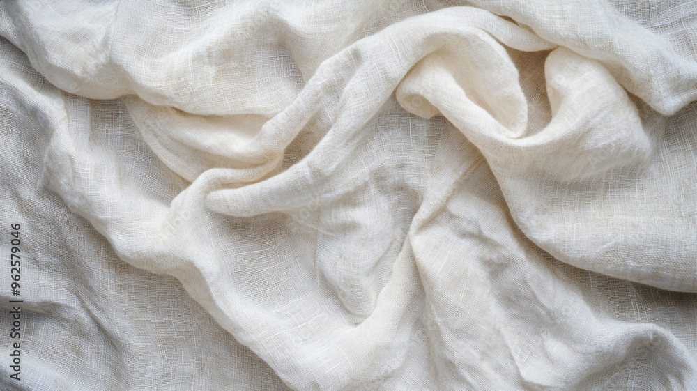 Soft white linen fabric draped artistically on a background showcasing its texture and flow Soft white linen fabric draped artistically on a background showcasing its texture and flow