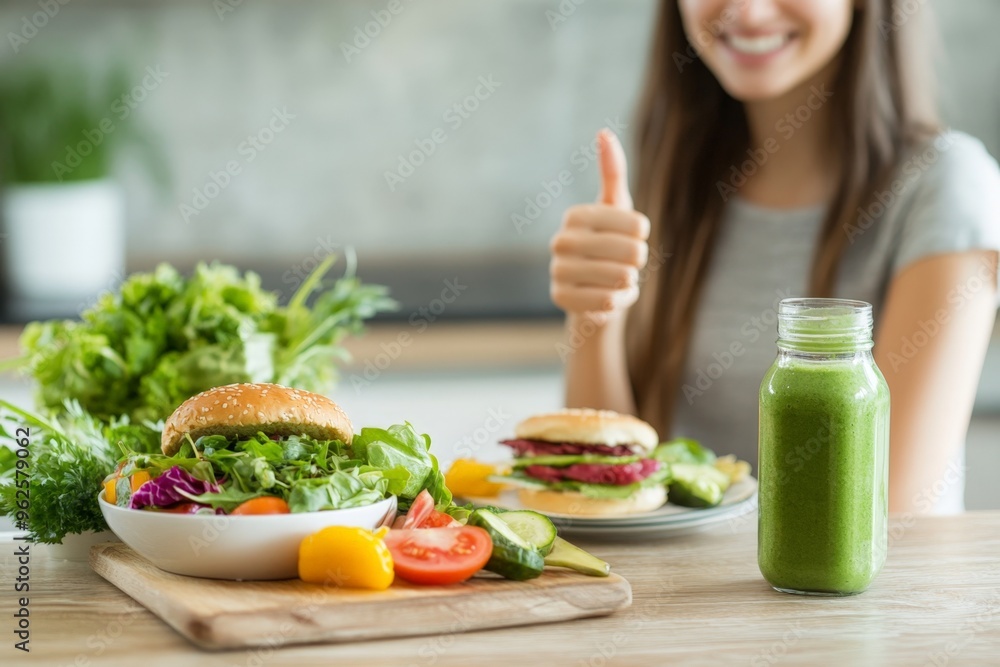 A woman is showing a thumbs-up gesture and standing near a table with healthy food. There is a salad bowl on the wooden desk, a hamburger on a plate nearby, and a green smoothie bottle A woman is showing a thumbs-up gesture and standing near a table with healthy food. There is a salad bowl on the wooden desk, a hamburger on a plate nearby, and a green smoothie bottle