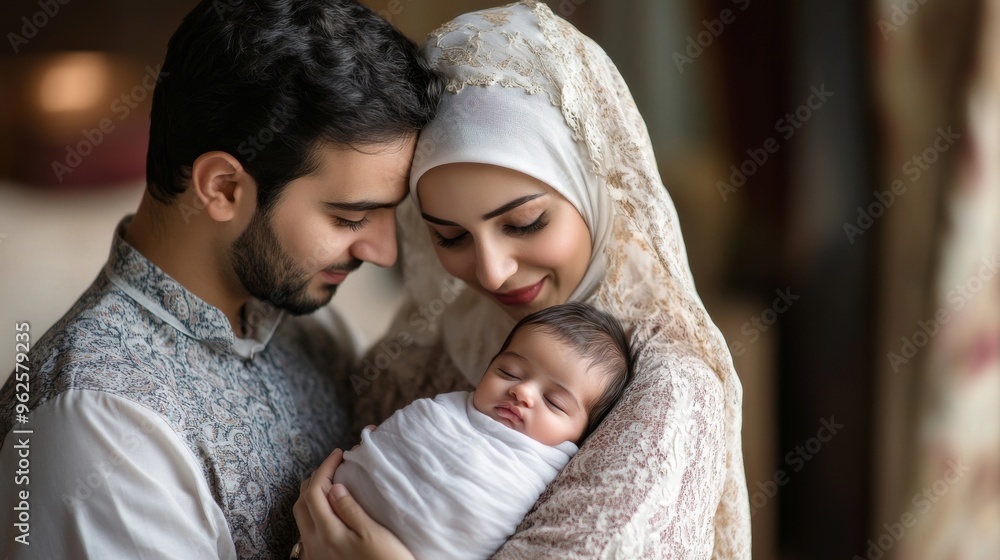 Loving Middle Eastern Parents Embracing Newborn in Serene Family Moment Under Soft Natural Lighting with Neutral Tones Loving Middle Eastern Parents Embracing Newborn in Serene Family Moment Under Soft Natural Lighting with Neutral Tones