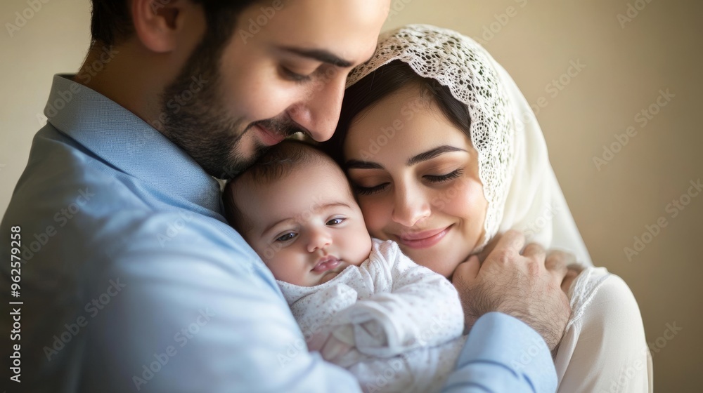 Loving Middle Eastern Parents Embracing Newborn Baby in Soft Natural Light, Tender Family Moment in Neutral Tones Loving Middle Eastern Parents Embracing Newborn Baby in Soft Natural Light, Tender Family Moment in Neutral Tones