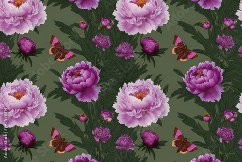 Vibrant Peonies and Purple Moths in Lush Nature Design