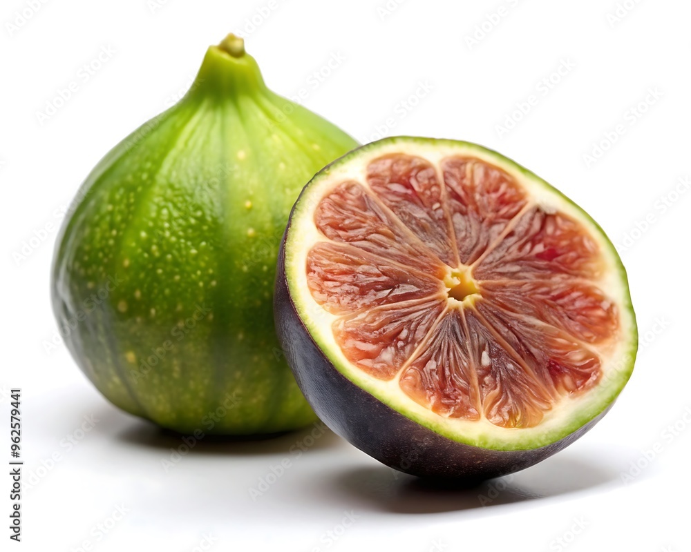 Fresh Green and Purple Figs with Detailed Cross-Section Showing Seeds and Pulp on White Background. Fresh Green and Purple Figs with Detailed Cross-Section Showing Seeds and Pulp on White Background.