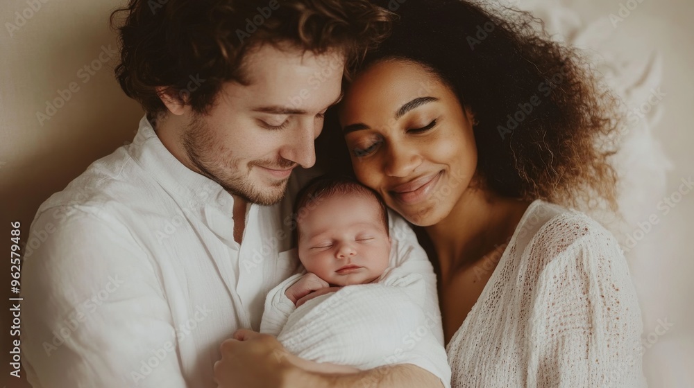 Serene Multiracial Couple with Newborn in Tender Family Moment under Soft Natural Lighting with Minimalist Background Serene Multiracial Couple with Newborn in Tender Family Moment under Soft Natural Lighting with Minimalist Background