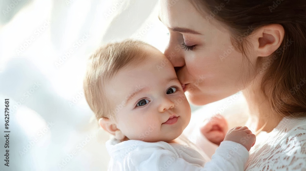 Tender Moment - Caucasian Mother Kissing Newborn's Cheek in Soft Natural Lighting with Minimalist Background. Tender Moment - Caucasian Mother Kissing Newborn's Cheek in Soft Natural Lighting with Minimalist Background.