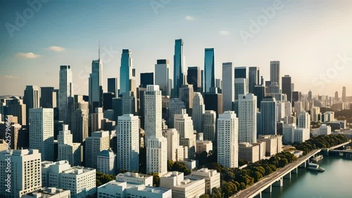 Cityscape at Dusk with Skyscrapers and River