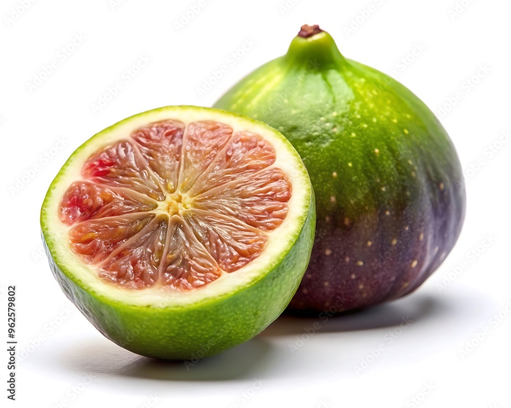 Fresh ripe fig fruit and sliced fig showing vibrant texture and colors on white background. Fresh ripe fig fruit and sliced fig showing vibrant texture and colors on white background.