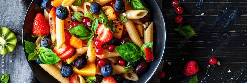 Tasty Penne Pasta with a lively mix of vibrant fruits, perfect for a refreshing summer meal. Tasty Penne Pasta with a lively mix of vibrant fruits, perfect for a refreshing summer meal.