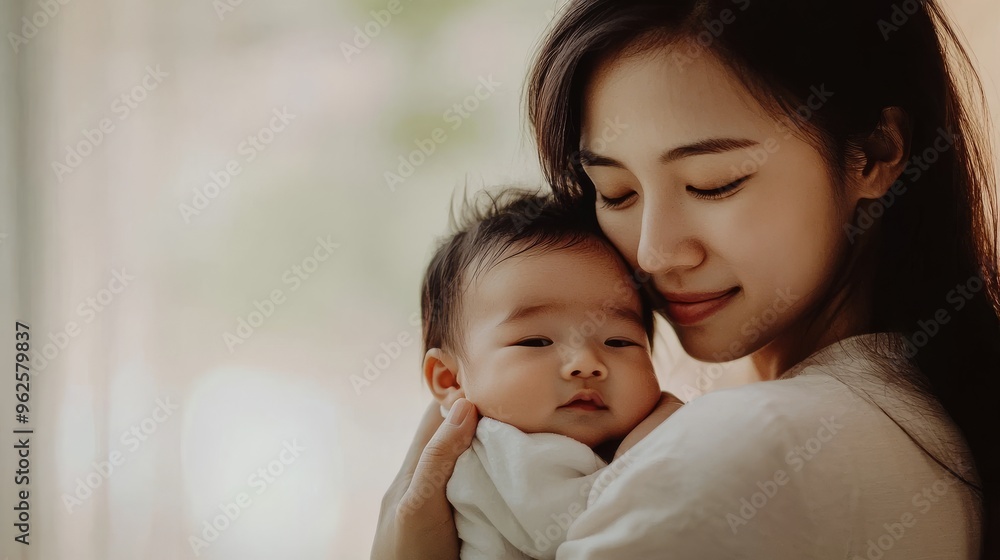 Tender Asian Mother Embracing Newborn in Soft Light - Heartwarming Family Bonding Moment in Neutral Setting Tender Asian Mother Embracing Newborn in Soft Light - Heartwarming Family Bonding Moment in Neutral Setting