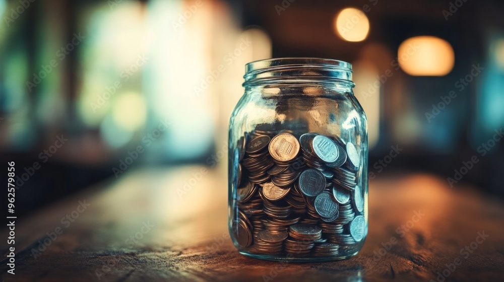 A jar full of coins sits on a wooden table A jar full of coins sits on a wooden table