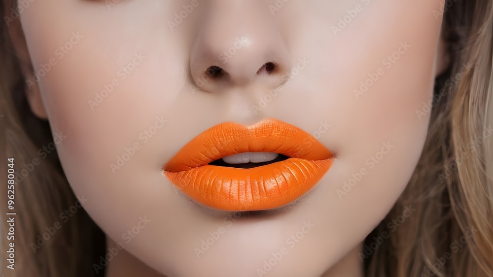 Fototapeta premium Close-up beautiful attractive woman with bright hot orange lipstick on lips, sensual girl wearing stunning color makeup, flirty radiant female confident look beautiful womanly and feminine cosmetics