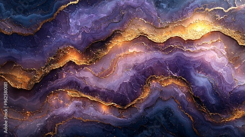 A close-up of a purple and gold marble surface with intricate textures and shimmering details.