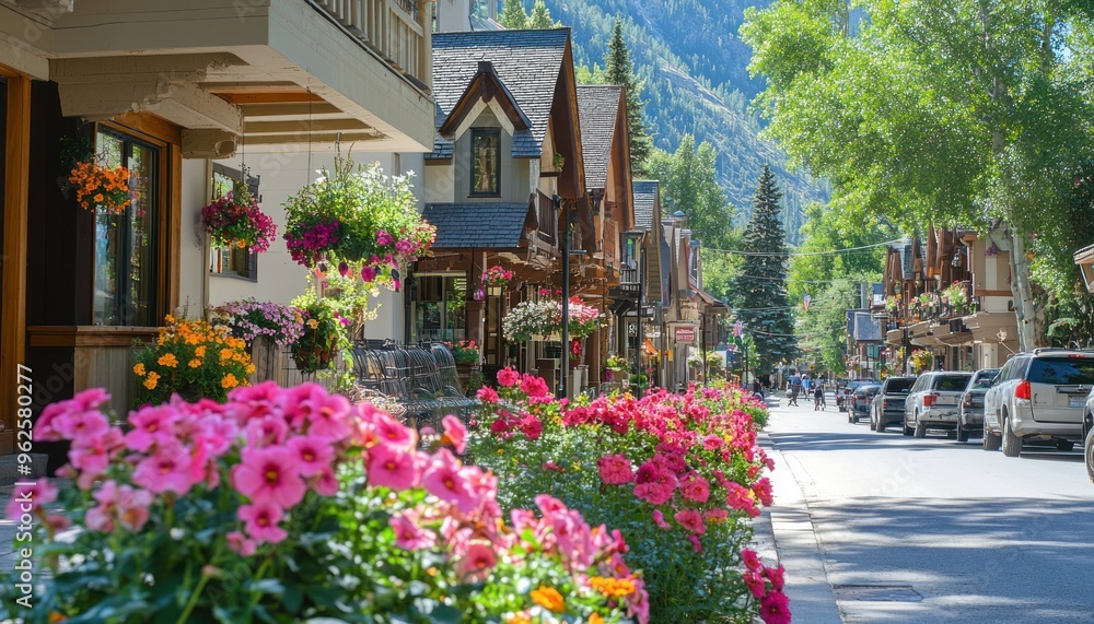 Fototapeta premium Charming Mountain Town Street Lined with Flowers and Shops