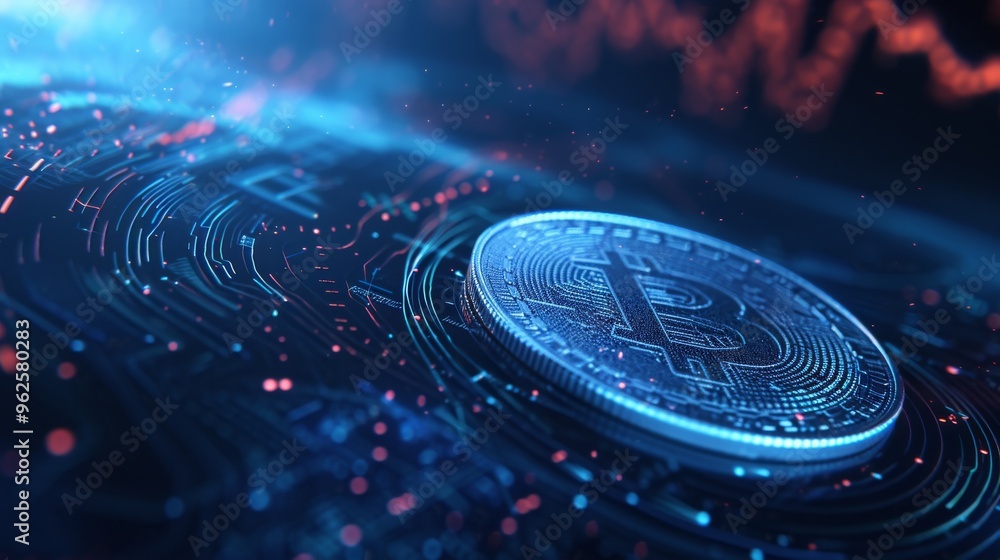 A close-up view of a bitcoin resting on a digital circuit board, surrounded by intricate electronic pathways. The image captures the essence of cryptocurrency and digital finance, highlighting the A close-up view of a bitcoin resting on a digital circuit board, surrounded by intricate electronic pathways. The image captures the essence of cryptocurrency and digital finance, highlighting the