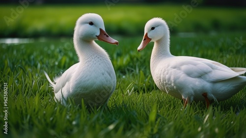 white ducks on a green grass