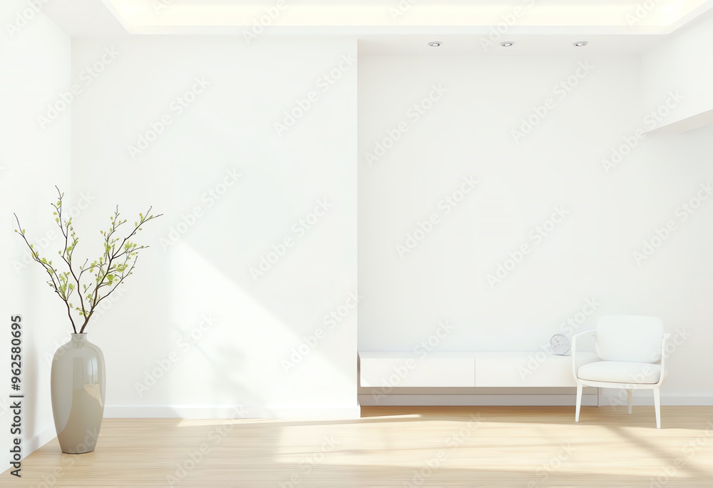 Minimalist white interior with a vase of branches and a white chair Minimalist white interior with a vase of branches and a white chair