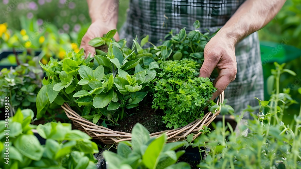 Harvesting Fresh Herbs in a Garden Harvesting Fresh Herbs in a Garden