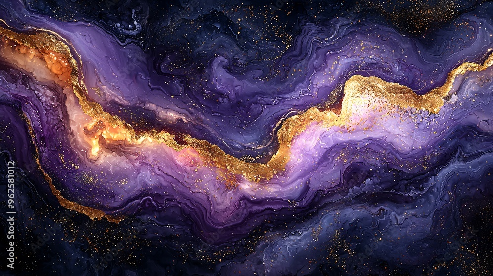 Obraz premium A bold, abstract marble design featuring intense purple hues and shimmering gold accents.