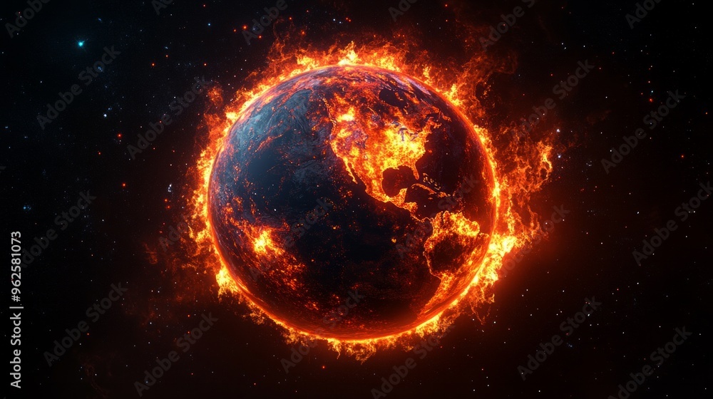 Fototapeta premium A fiery planet with a bright orange sun in the center