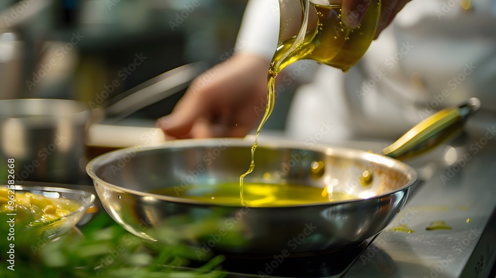 Fototapeta premium Chef Pouring Olive Oil into Frying Pan