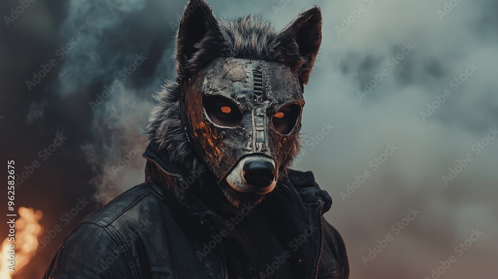 A man adorned in a terrifying metal wolf mask stares ominously into the distance, offering a chilling apocalyptic visual A man adorned in a terrifying metal wolf mask stares ominously into the distance, offering a chilling apocalyptic visual