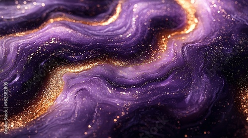 A luxurious abstract design featuring swirling purple marble with flecks of gold.