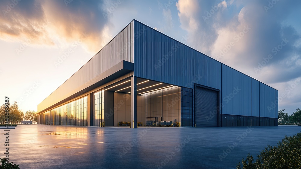 A modern, empty commercial warehouse with a wide open yard, showcasing the large space for efficient shipping and logistics operations A modern, empty commercial warehouse with a wide open yard, showcasing the large space for efficient shipping and logistics operations