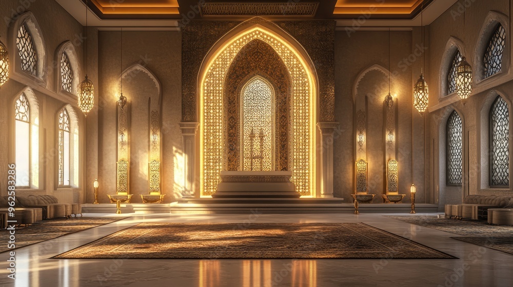 Naklejka premium The elegant interior of a mosque, with soft lighting illuminating the prayer area and minbar.