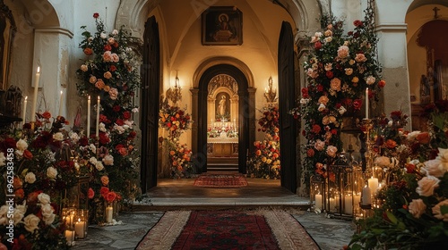 Wallpaper Mural The entrance of a church decorated with flowers and candles, creating a welcoming atmosphere. Torontodigital.ca