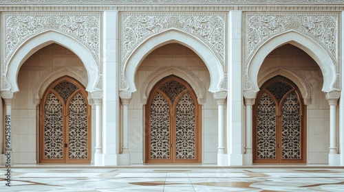 The entrance of a mosque with ornate arches and doors, showcasing traditional Islamic architecture.