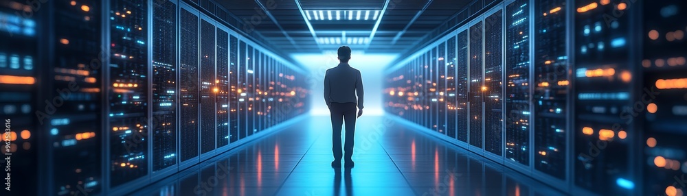 Data Center Server Room with Technician Walking Through Hallway Data Center Server Room with Technician Walking Through Hallway