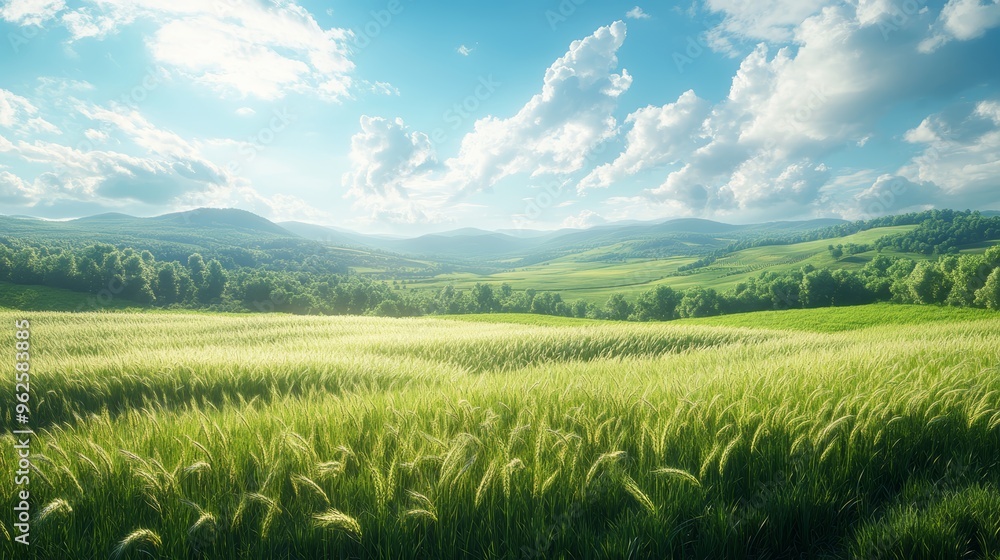 Green Meadow Landscape with Rolling Hills and Blue Sky Green Meadow Landscape with Rolling Hills and Blue Sky
