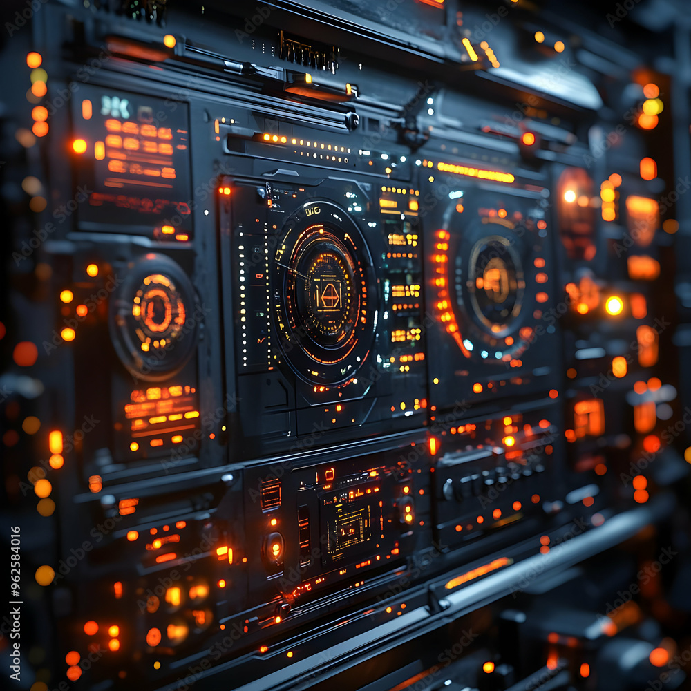 Futuristic 3D Illustration of a Tech Panel with Orange and Yellow Lights Futuristic 3D Illustration of a Tech Panel with Orange and Yellow Lights