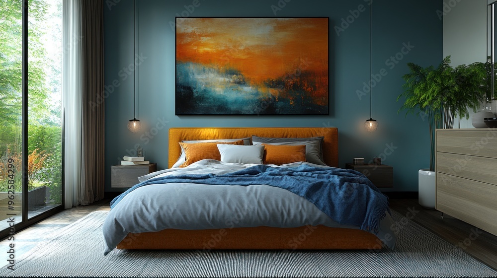Cozy modern bedroom with vibrant decor and natural light. Cozy modern bedroom with vibrant decor and natural light.