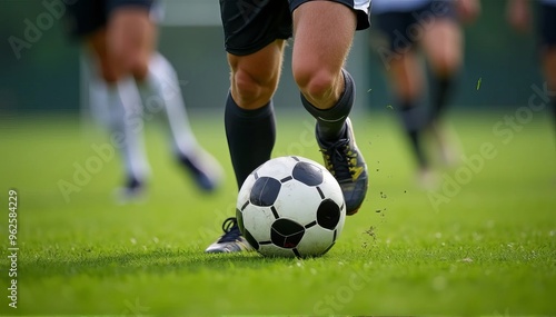 Professional Soccer Players in Action: Close-up of Feet Kicking Ball on Green Field