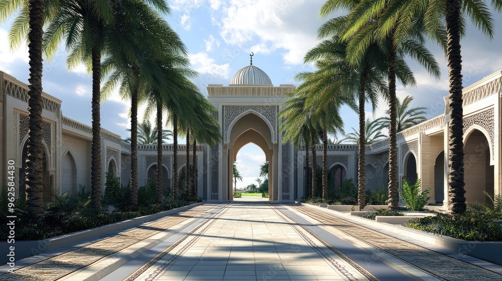Obraz premium The grand entrance of a mosque, with a long walkway lined by towering palm trees.