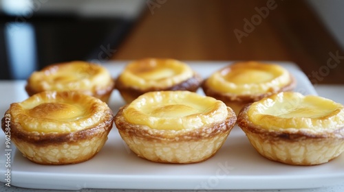 A plate of six pastries with a golden brown crust