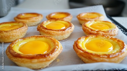 A tray of pastries with a yellow filling