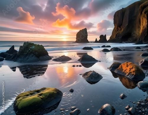 A dramatic sunset over a rocky beach with large boulders in the foreground and a distant cliff formation in the background. The sky is filled with colorful clouds and the water reflects the warm hues  photo