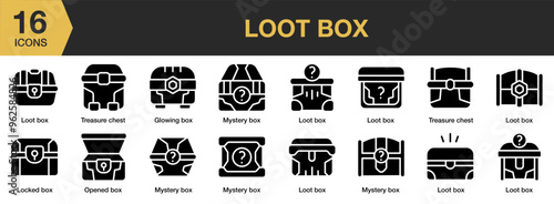 Loot Box solid icon set. Includes loot boxes icons and More. Solid icons vector collection.