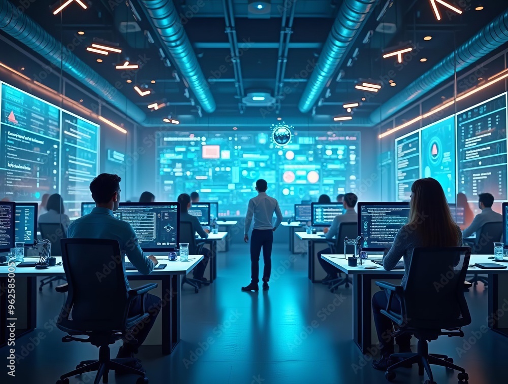 Futuristic Data Center with Team of IT Professionals: Cybersecurity and Network Management Concept Futuristic Data Center with Team of IT Professionals: Cybersecurity and Network Management Concept